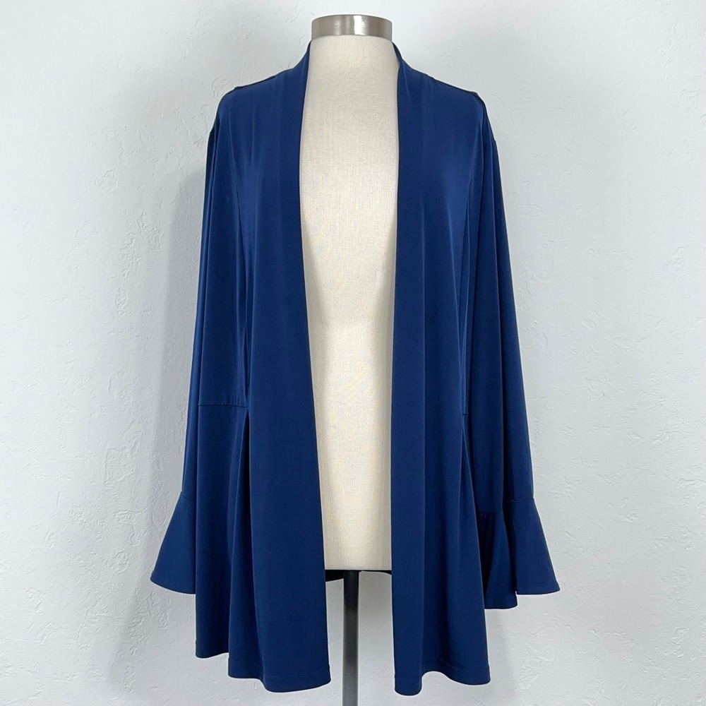 Susan Graver Womens Liquid Knit Open Front Cardigan 3X Stretch Blue Pleated Back
